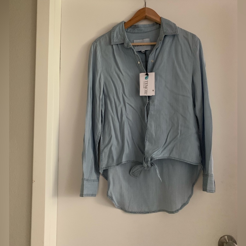 Lola River women’s denim tie front shirt.